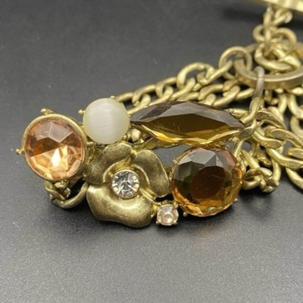 Chicos Gold Tone Chain Bracelet Toggle Clasp Cats Eye Glass Crystal Floral Fall - Picture 9 of 10
